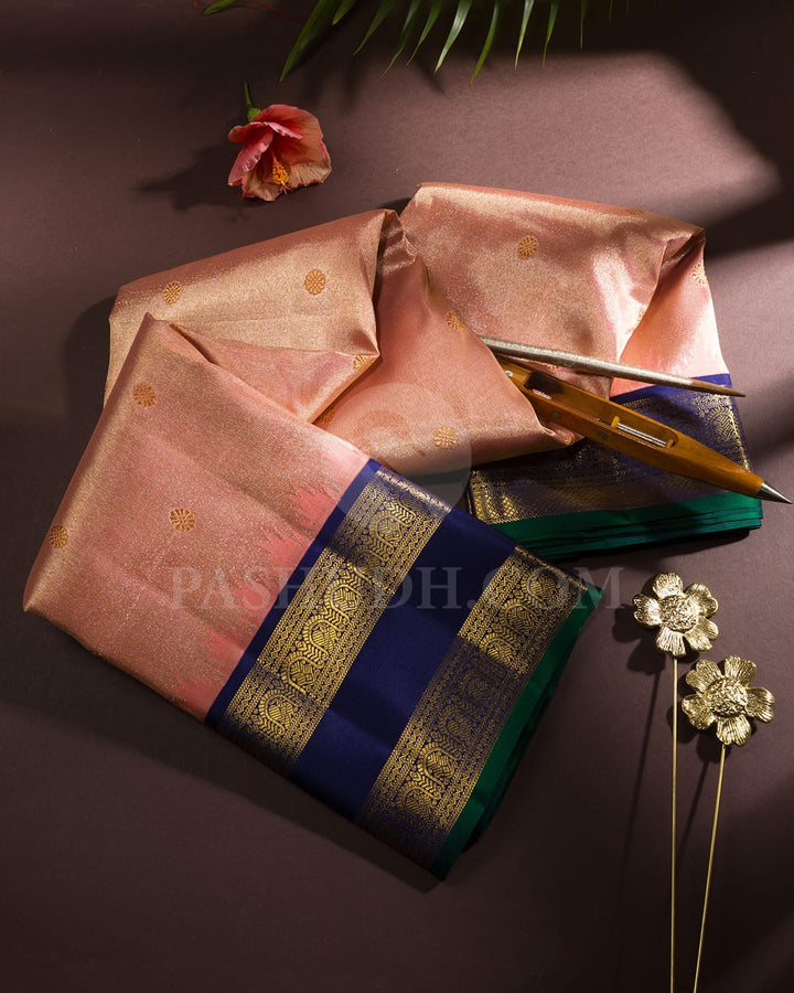 Peach With Navy Blue Kanjivaram Silk Saree-S1673(C)