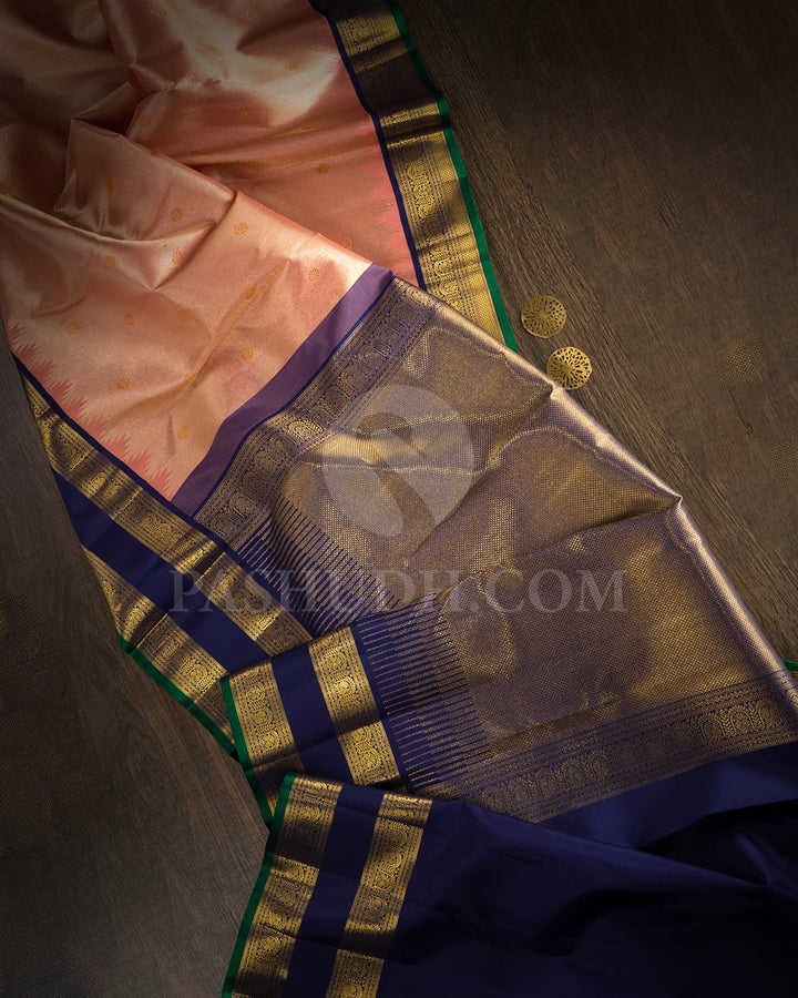 Peach With Navy Blue Kanjivaram Silk Saree-S1673(C)