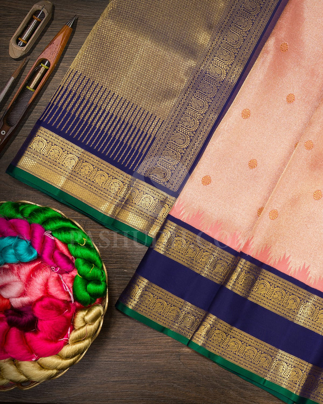 Peach With Navy Blue Kanjivaram Silk Saree-S1673(C)