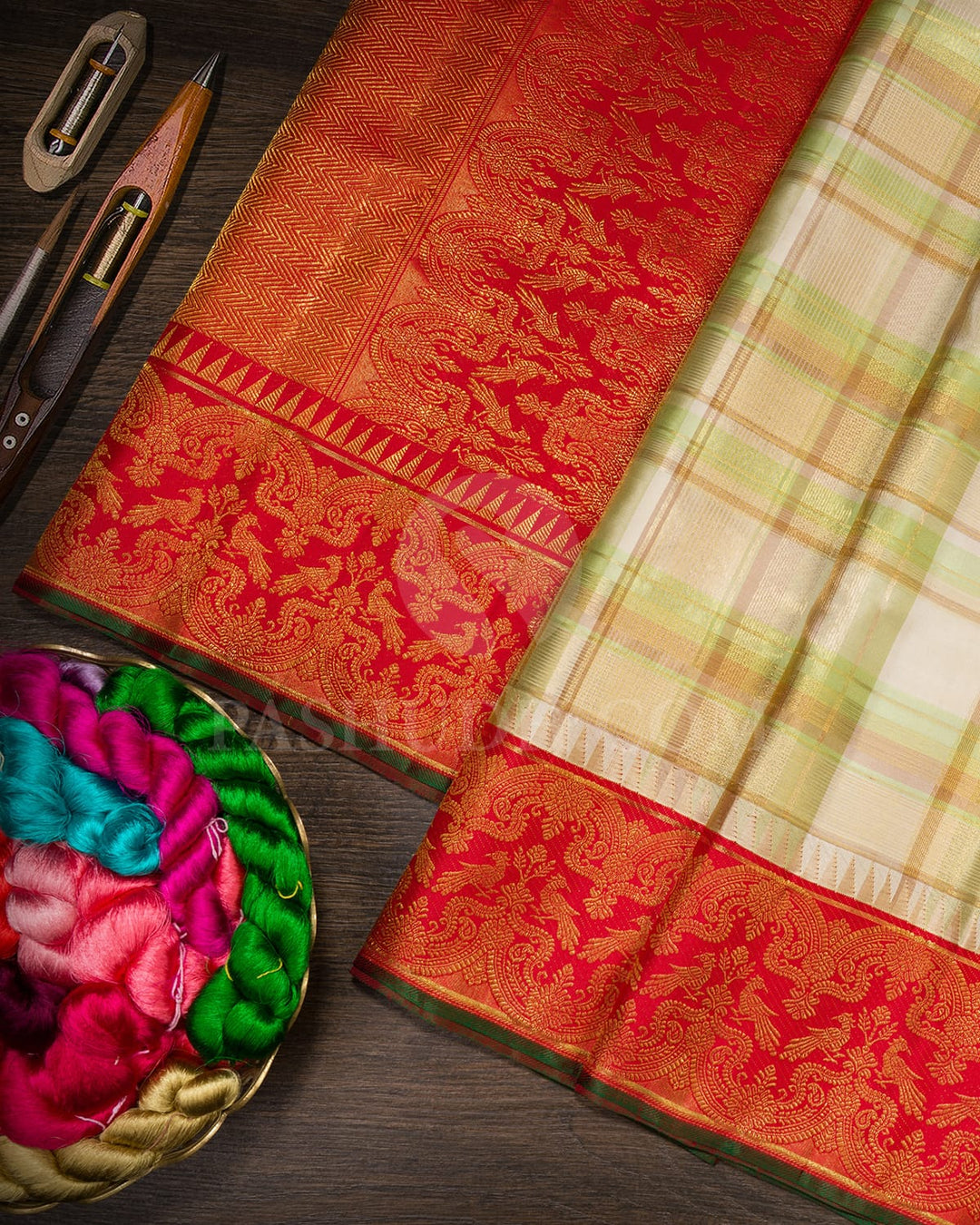 Cream With Red Kanjivaram Silk Saree-S1680(B)