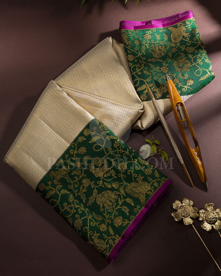 Cream And Bottle Green Bridal Kanjivaram Silk Saree-S1631(D)