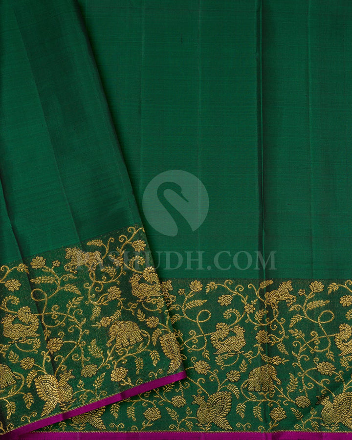 Cream And Bottle Green Bridal Kanjivaram Silk Saree-S1631(D)