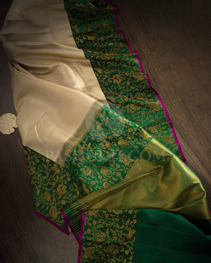 Cream And Bottle Green Bridal Kanjivaram Silk Saree-S1631(D)