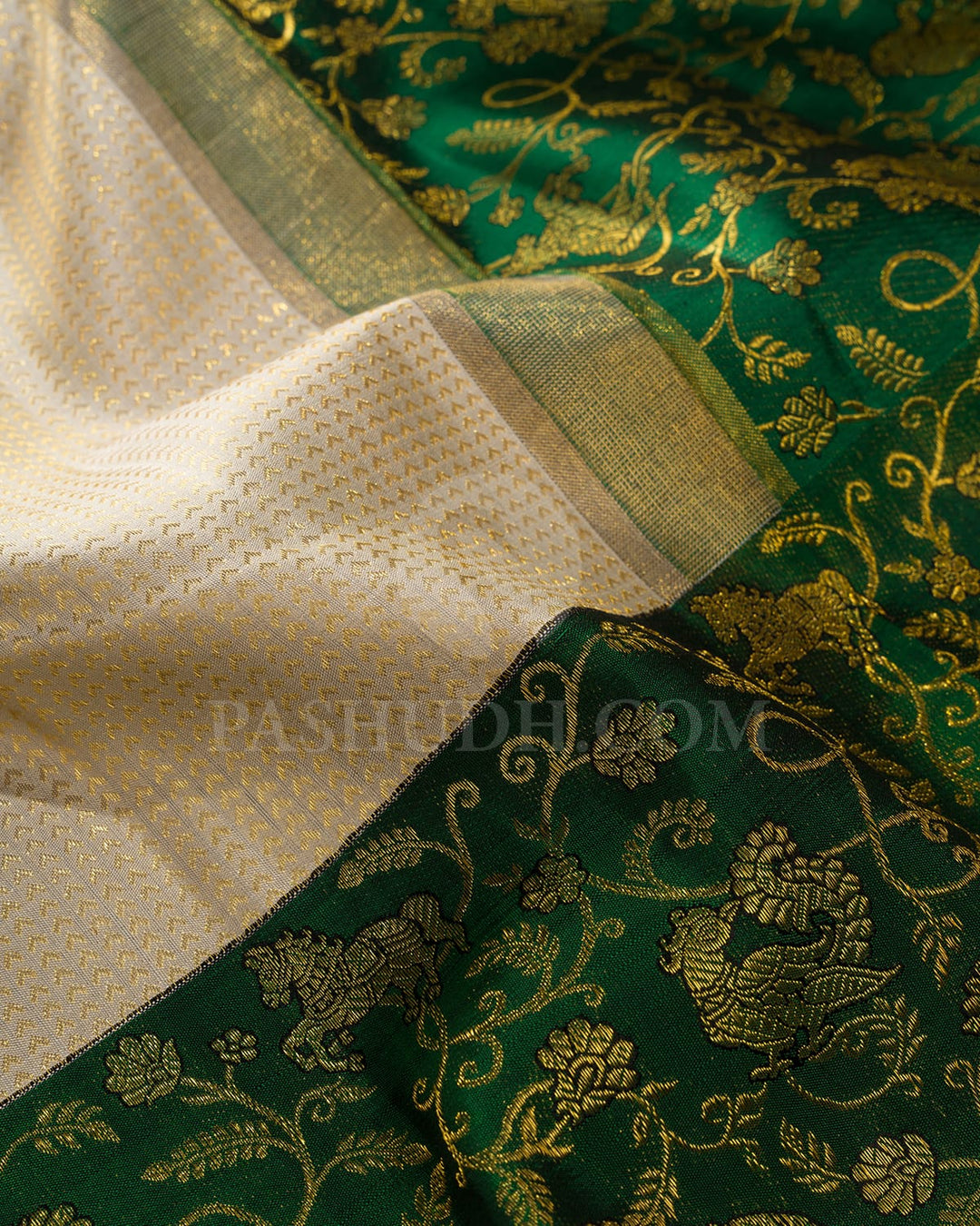 Cream And Bottle Green Bridal Kanjivaram Silk Saree-S1631(D)