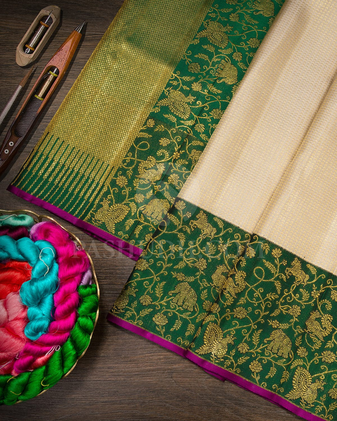 Cream And Bottle Green Bridal Kanjivaram Silk Saree-S1631(D)