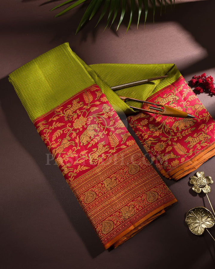 Parrot Green With Red Vanasingaram Kanjivaram Silk Saree-S1665(C)