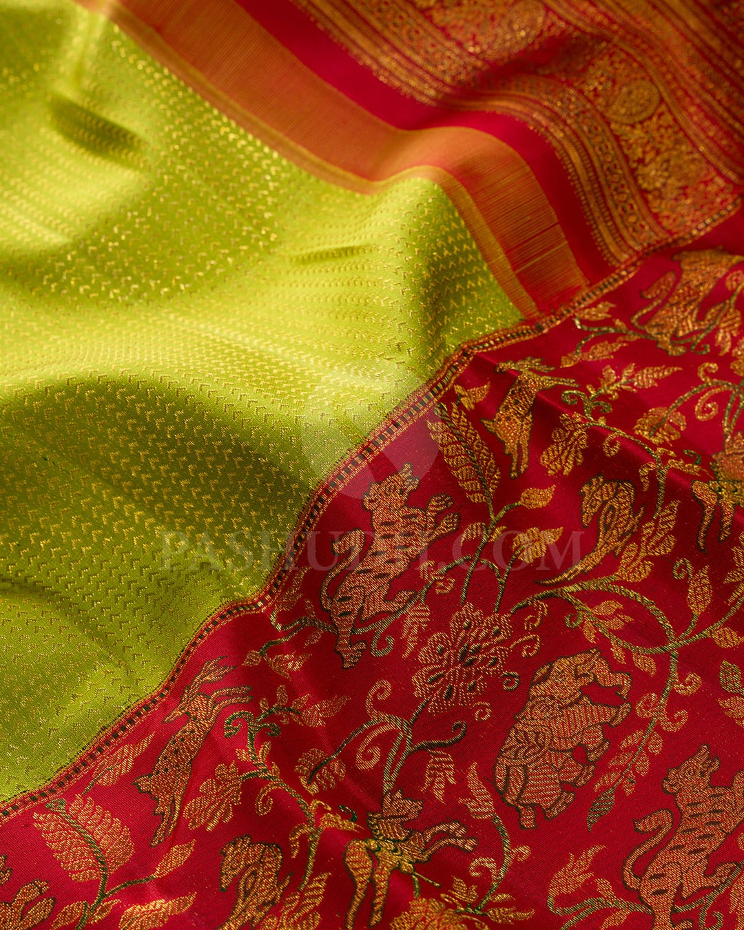 Parrot Green With Red Vanasingaram Kanjivaram Silk Saree-S1665(C)