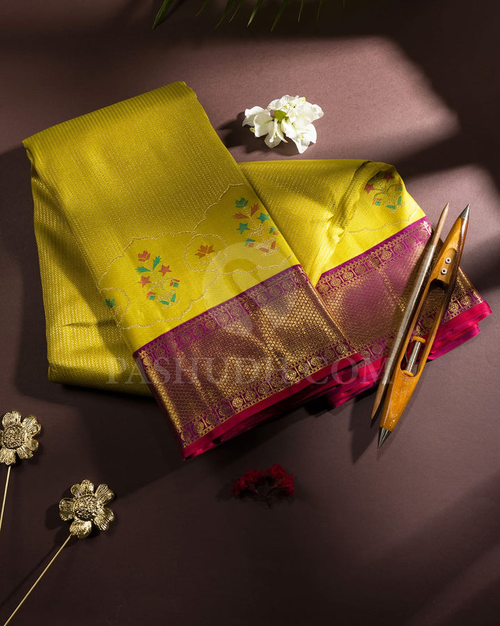 Lime Yellow With Magenta Kanjivaram Silk Saree-S1718(A)