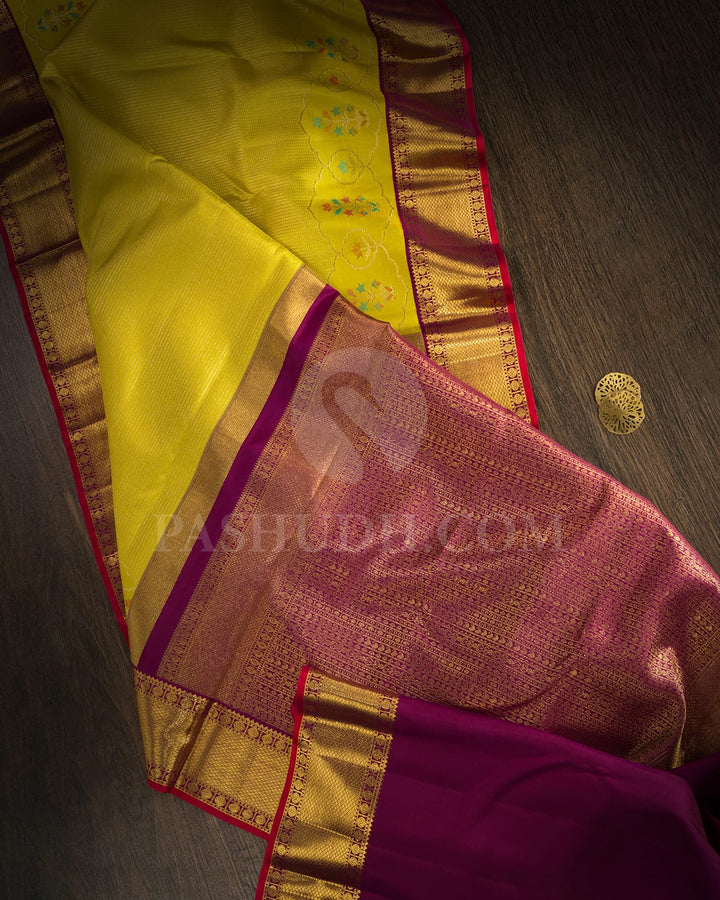 Lime Yellow With Magenta Kanjivaram Silk Saree-S1718(A)