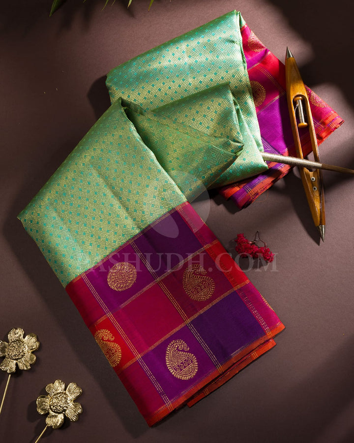 Mint Green With Violet Kanjivaram Silk Saree-S1685(B)