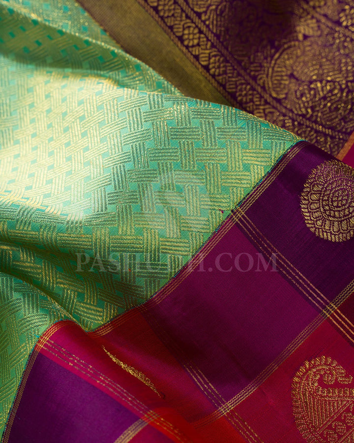 Mint Green With Violet Kanjivaram Silk Saree-S1685(B)