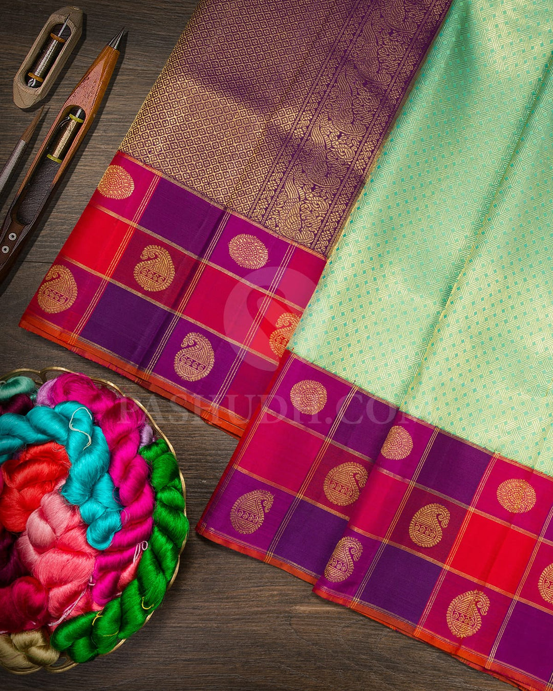 Mint Green With Violet Kanjivaram Silk Saree-S1685(B)
