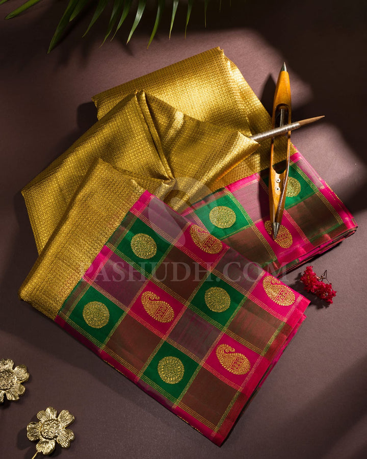 Golden Organza Shimmer Pink With Green Kanjivaram Silk Saree-S1720(A)