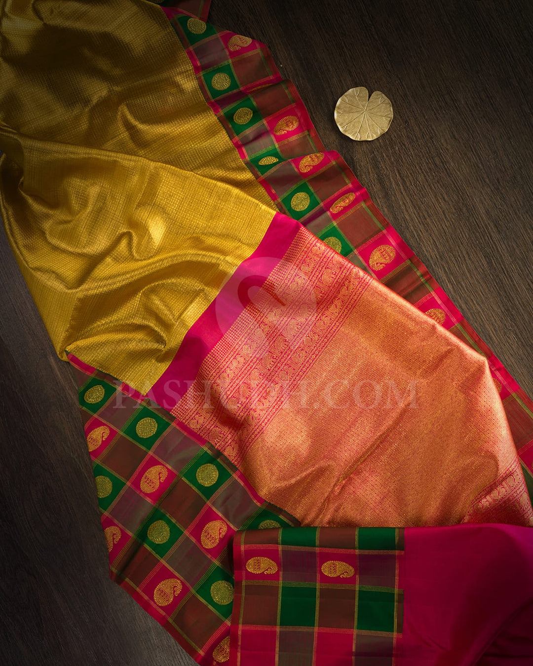 Golden Organza Shimmer Pink With Green Kanjivaram Silk Saree-S1720(A)