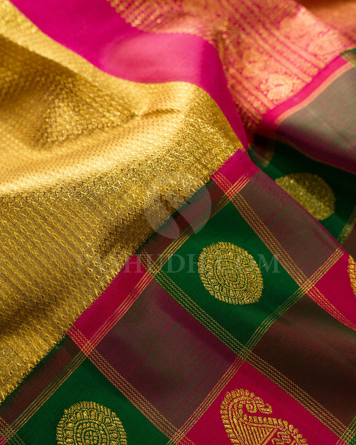 Golden Organza Shimmer Pink With Green Kanjivaram Silk Saree-S1720(A)