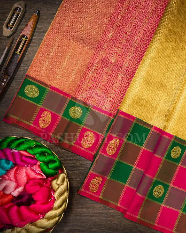 Golden Organza Shimmer Pink With Green Kanjivaram Silk Saree-S1720(A)