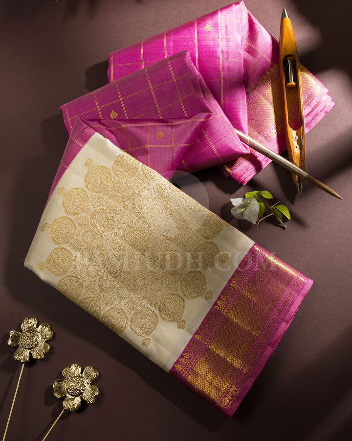 Lotus Pink With Cream Kanjivaram Silk Saree-S1703(B)