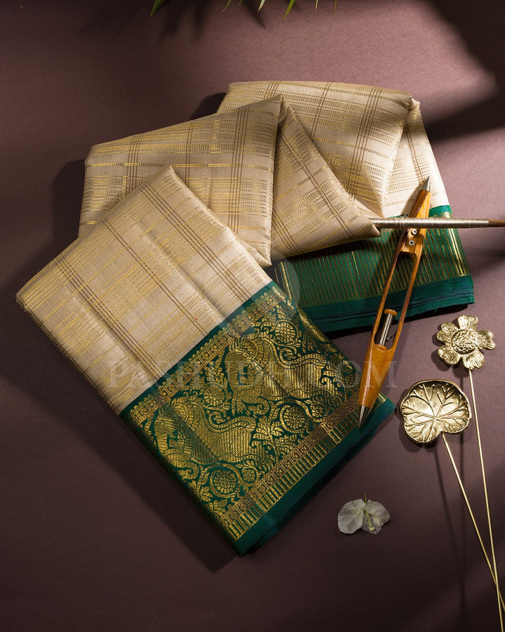 Ivory With Emerald Green Kanjivaram Silk Saree-S1222(G)