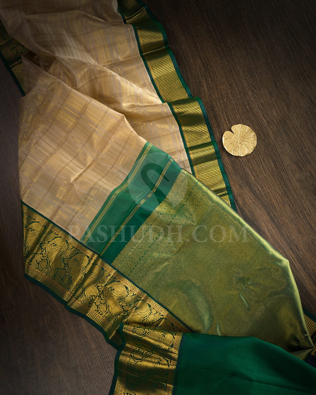 Ivory With Emerald Green Kanjivaram Silk Saree-S1222(G)