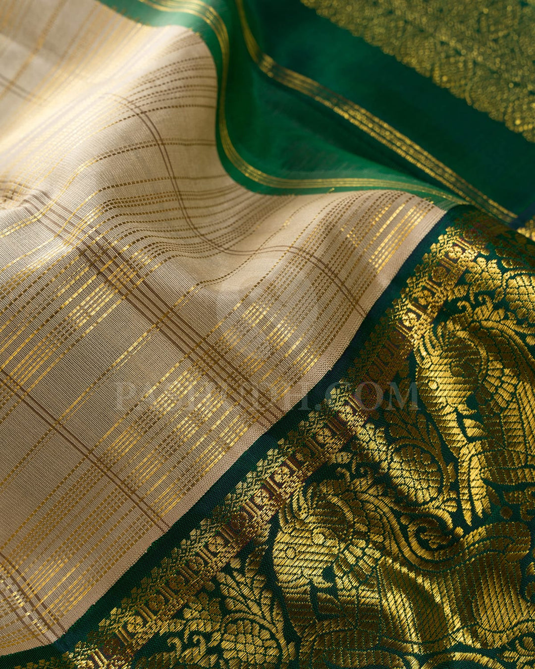 Ivory With Emerald Green Kanjivaram Silk Saree-S1222(G)