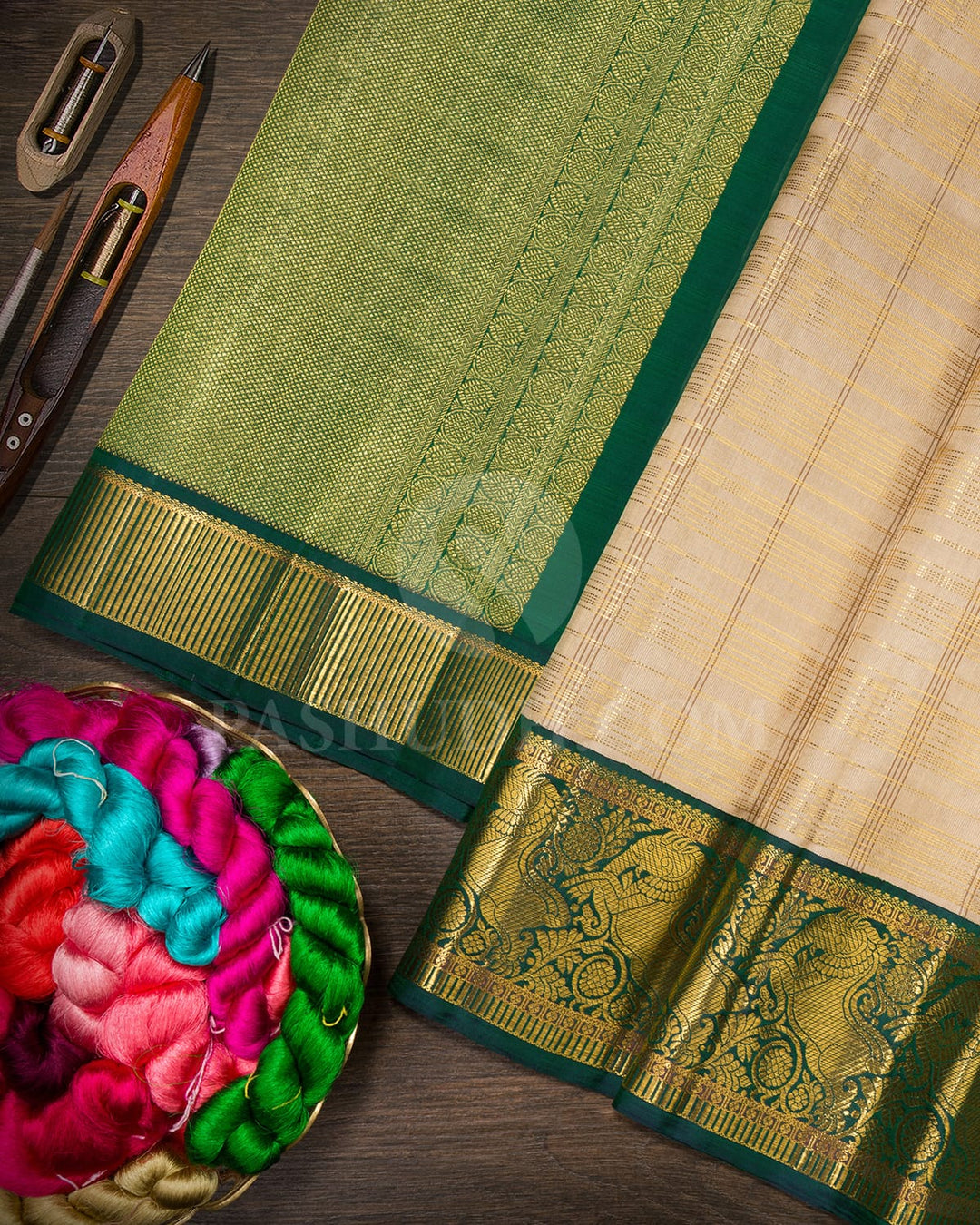 Ivory With Emerald Green Kanjivaram Silk Saree-S1222(G)