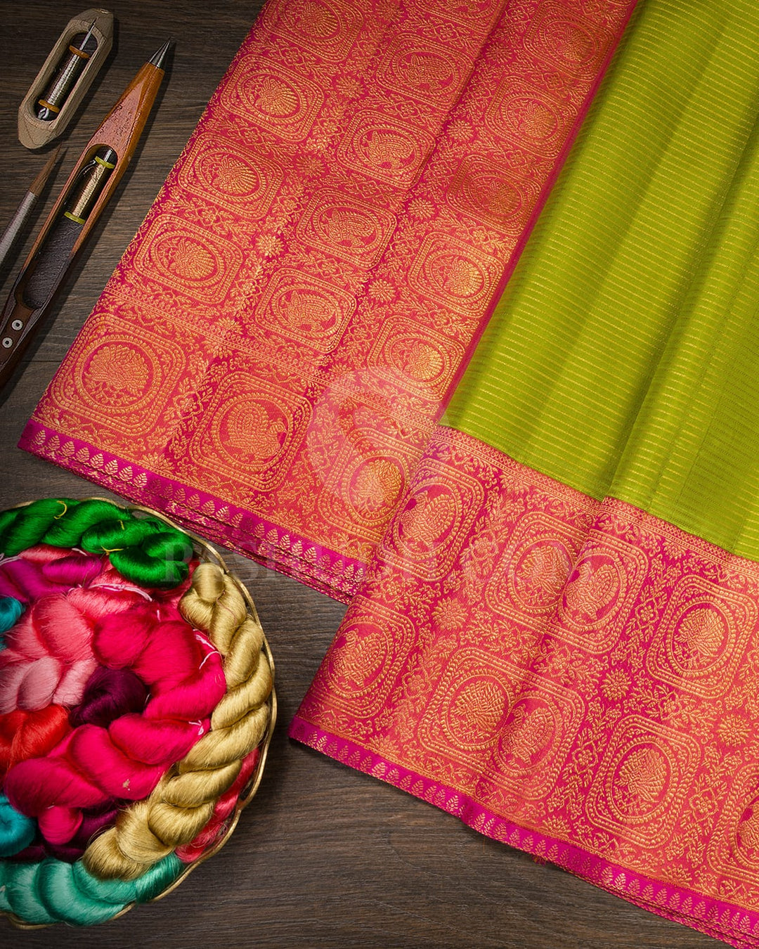 Fern Green And Rouge Pink Kanjivaram Silk Saree-S1735(A)