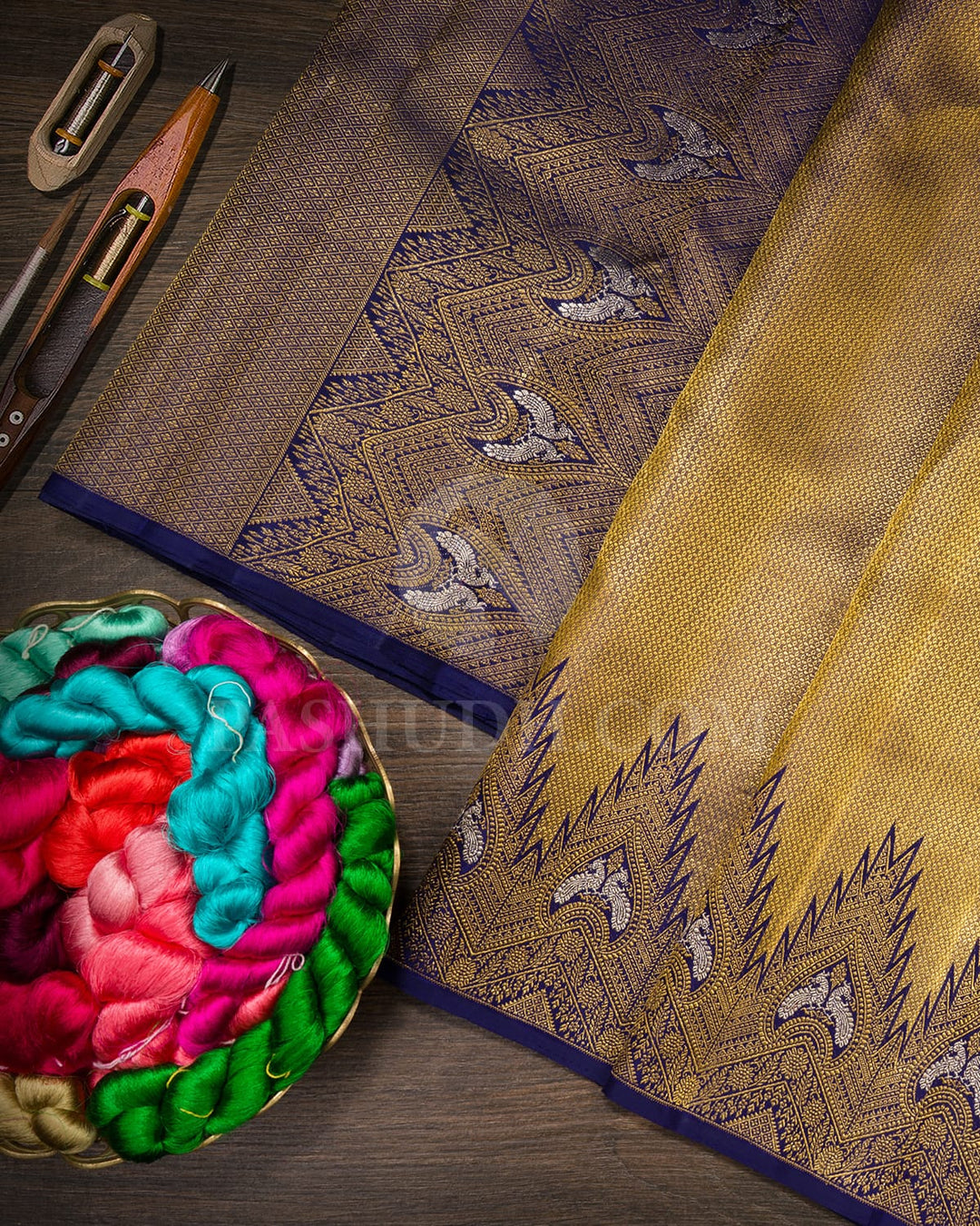 Gold Shimmer With Navy Blue Kanjivaram Silk Saree-S1211(C)