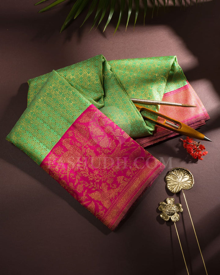 Seafoam Green With Cerise Pink Kanjivaram Silk Saree-S1405(I)