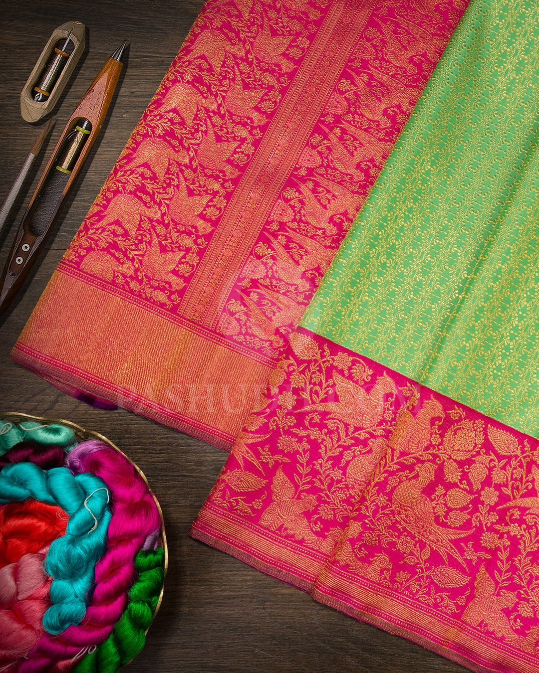 Seafoam Green With Cerise Pink Kanjivaram Silk Saree-S1405(I)