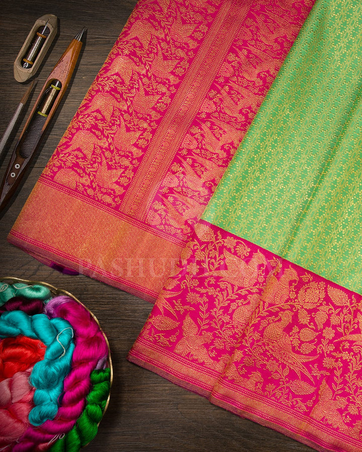 Seafoam Green With Cerise Pink Kanjivaram Silk Saree-S1405(I)