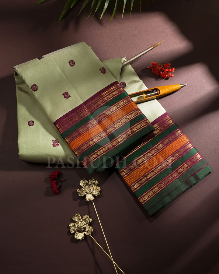 Pastel Sage Green With Deep Maroon Pure Zari Kanjivaram Silk Saree-SP405