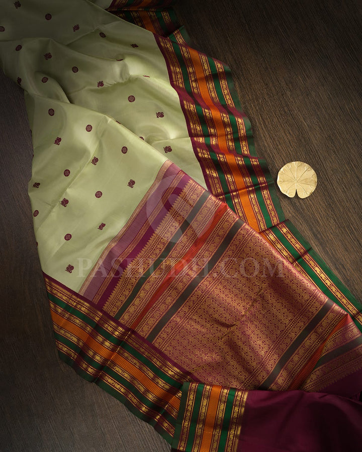 Pastel Sage Green With Deep Maroon Pure Zari Kanjivaram Silk Saree-SP405