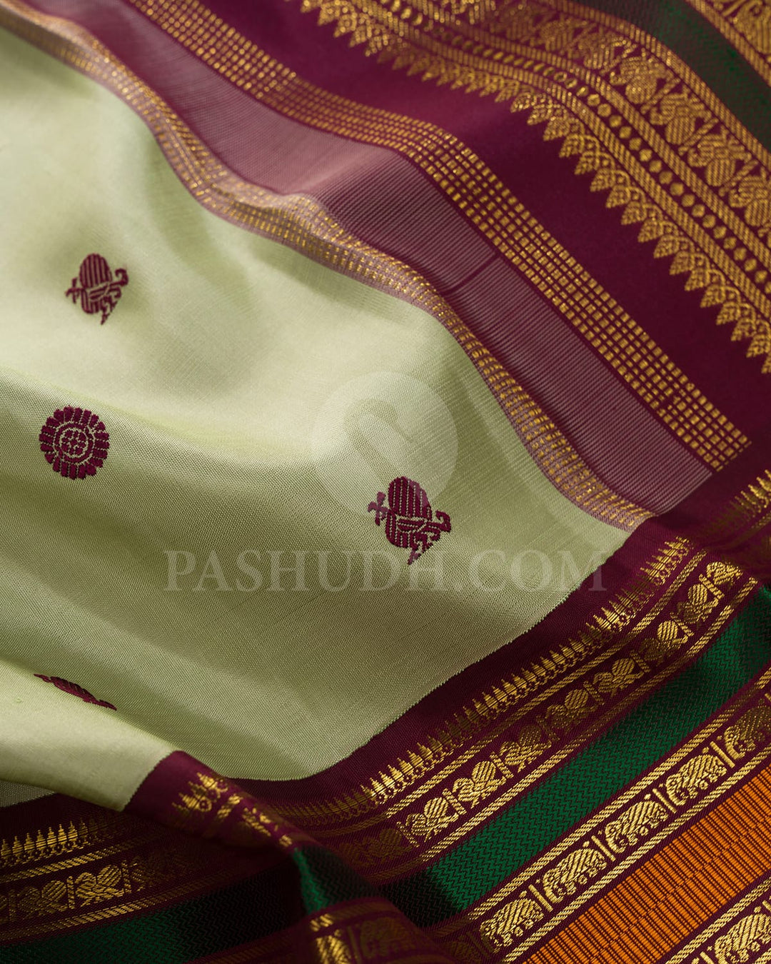 Pastel Sage Green With Deep Maroon Pure Zari Kanjivaram Silk Saree-SP405