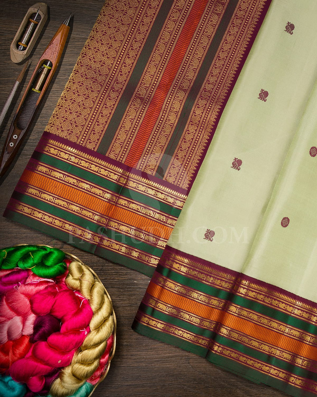 Pastel Sage Green With Deep Maroon Pure Zari Kanjivaram Silk Saree-SP405