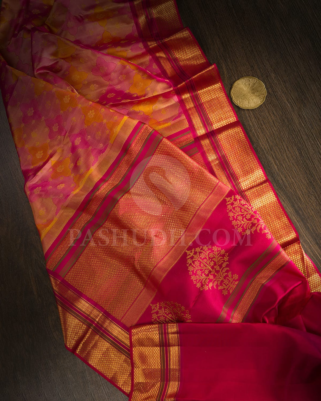 Orange With Cherry Pink Kanjivaram Silk Saree-D661(D)