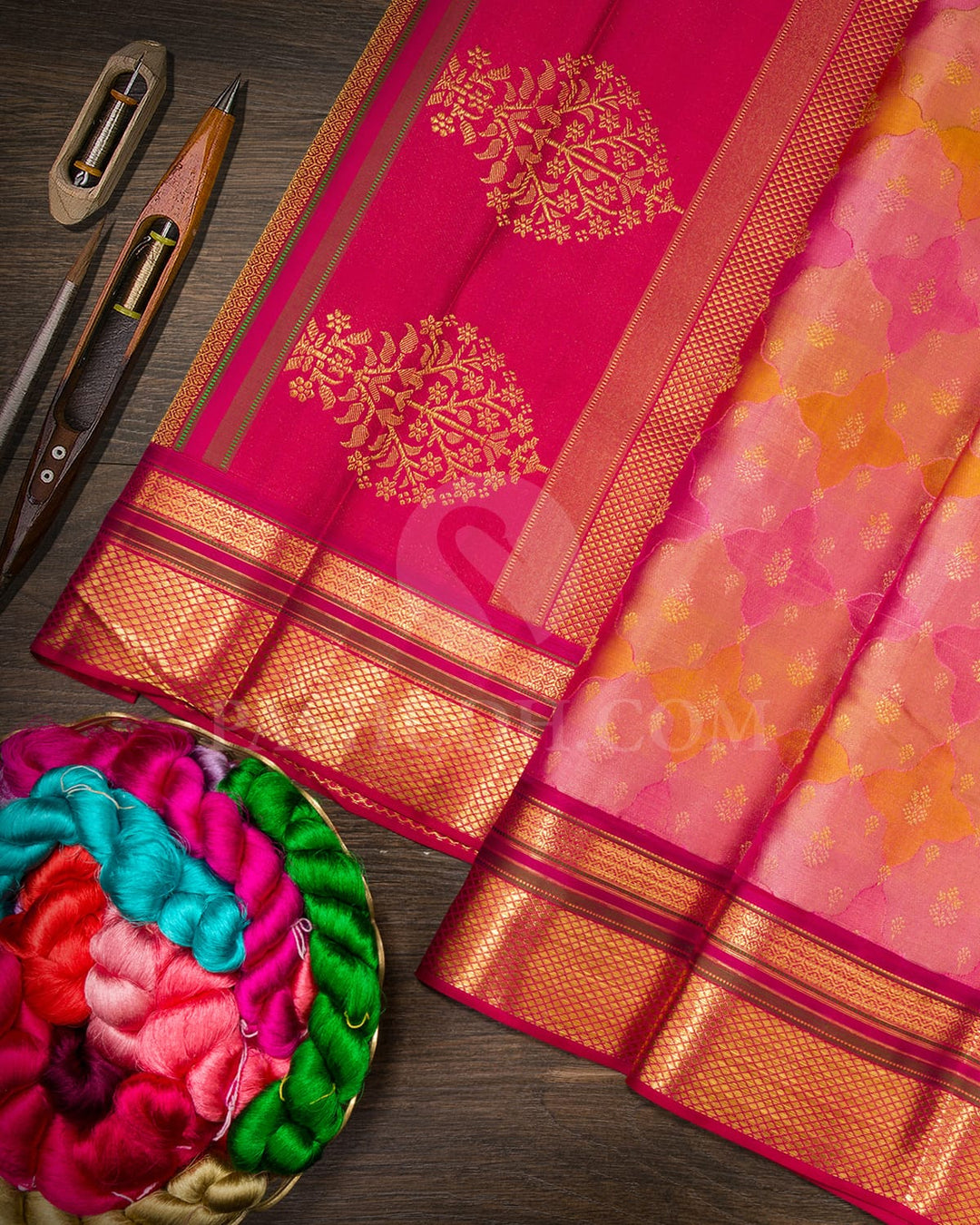 Orange With Cherry Pink Kanjivaram Silk Saree-D661(D)