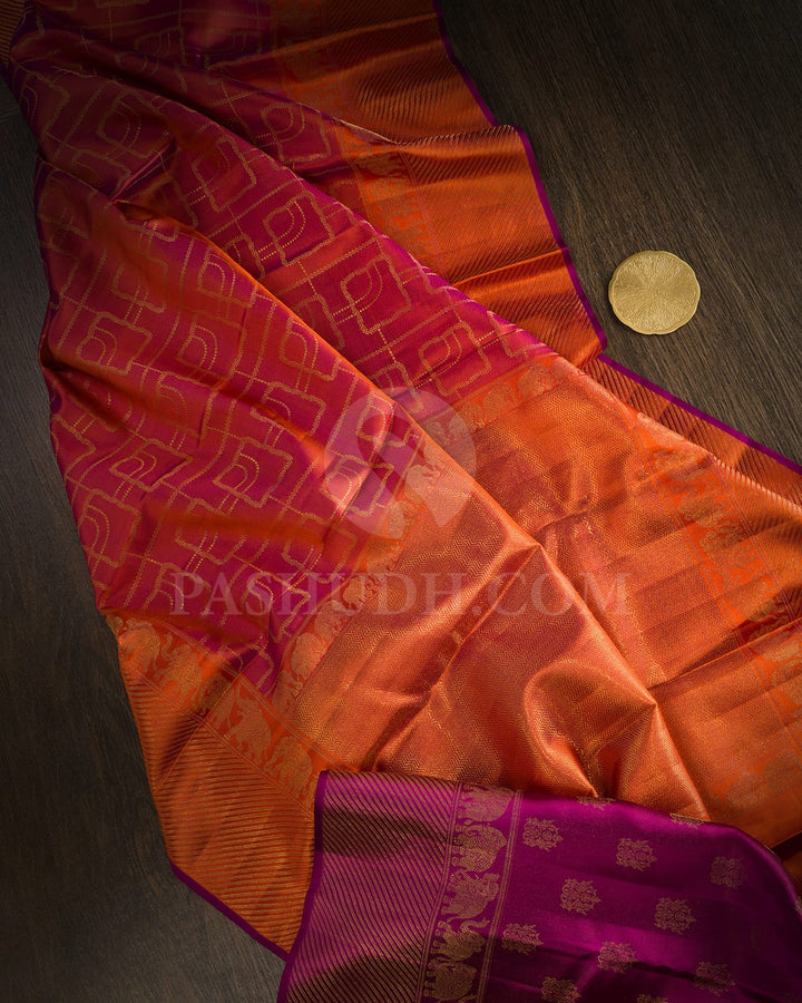 Dual Shaded Rust Orange Shot Magenta Kanjivaram Silk Saree-D666(C)
