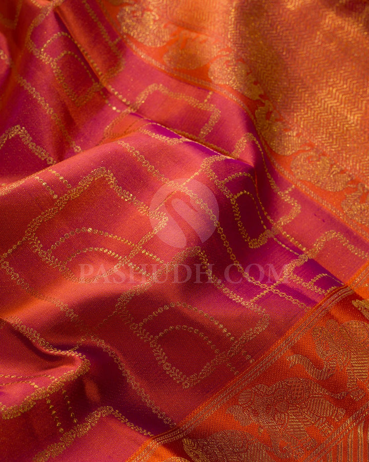 Dual Shaded Rust Orange Shot Magenta Kanjivaram Silk Saree-D666(C)