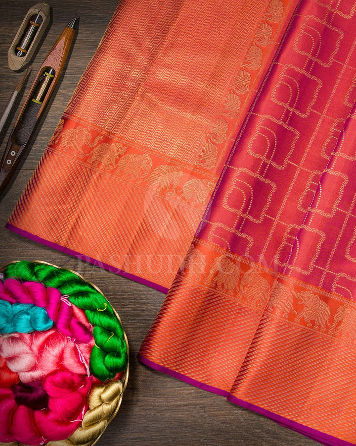 Dual Shaded Rust Orange Shot Magenta Kanjivaram Silk Saree-D666(C)