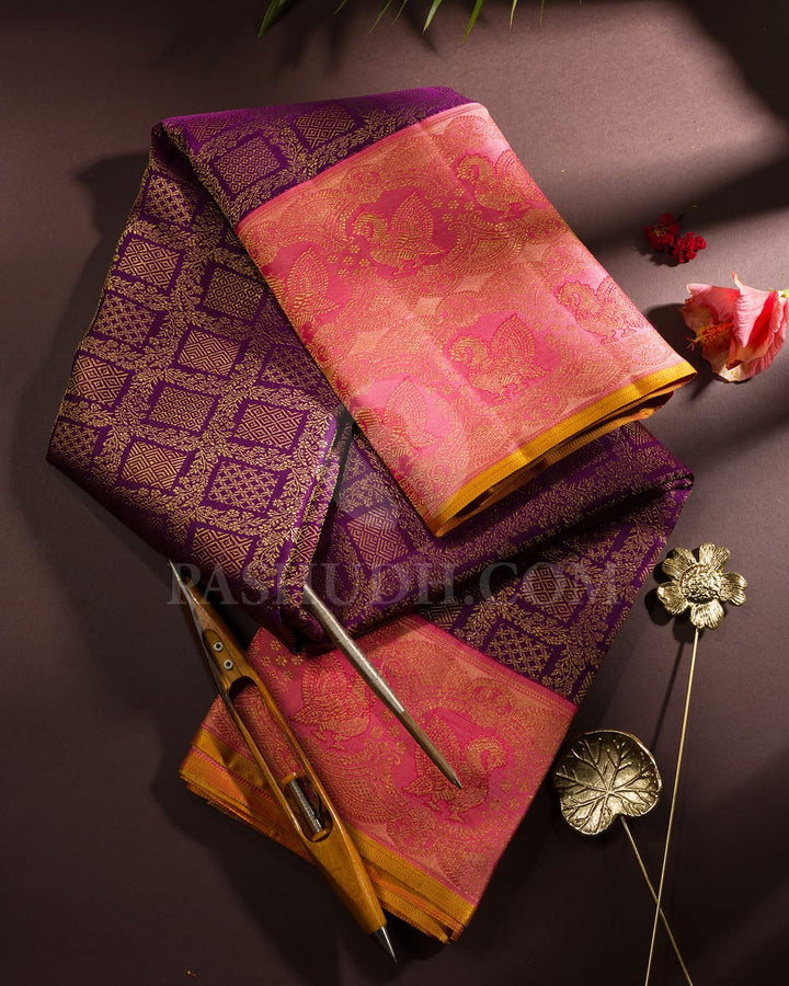 Magenta With Peach Pink Kanjivaram Silk Saree-S1655(D)