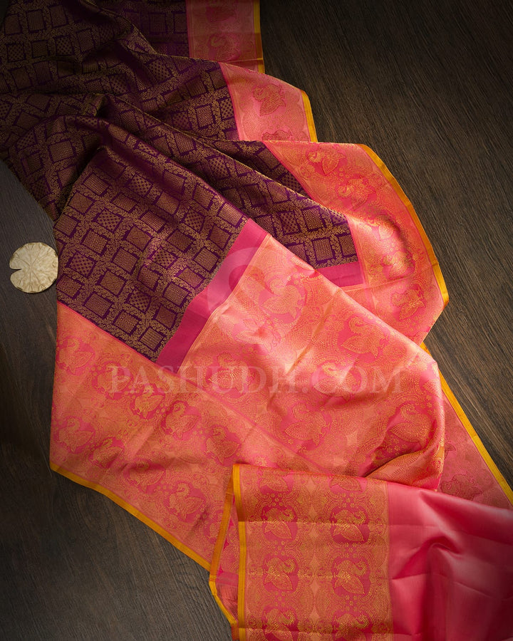 Magenta With Peach Pink Kanjivaram Silk Saree-S1655(D)