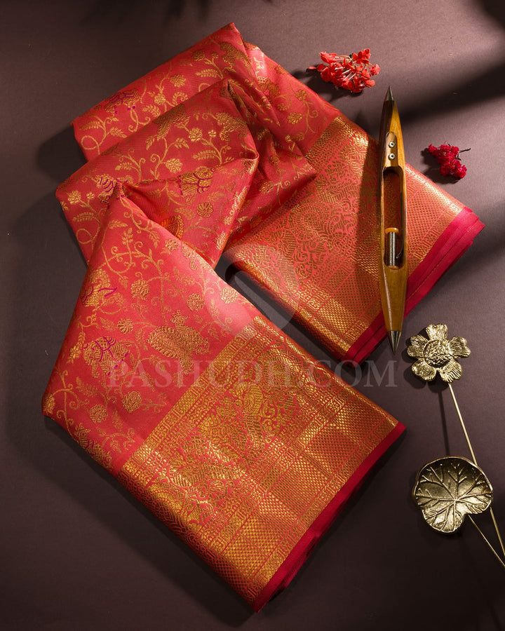 Bright Coral Orange With Coral Red Kanjivaram Silk Saree-S1729(A)