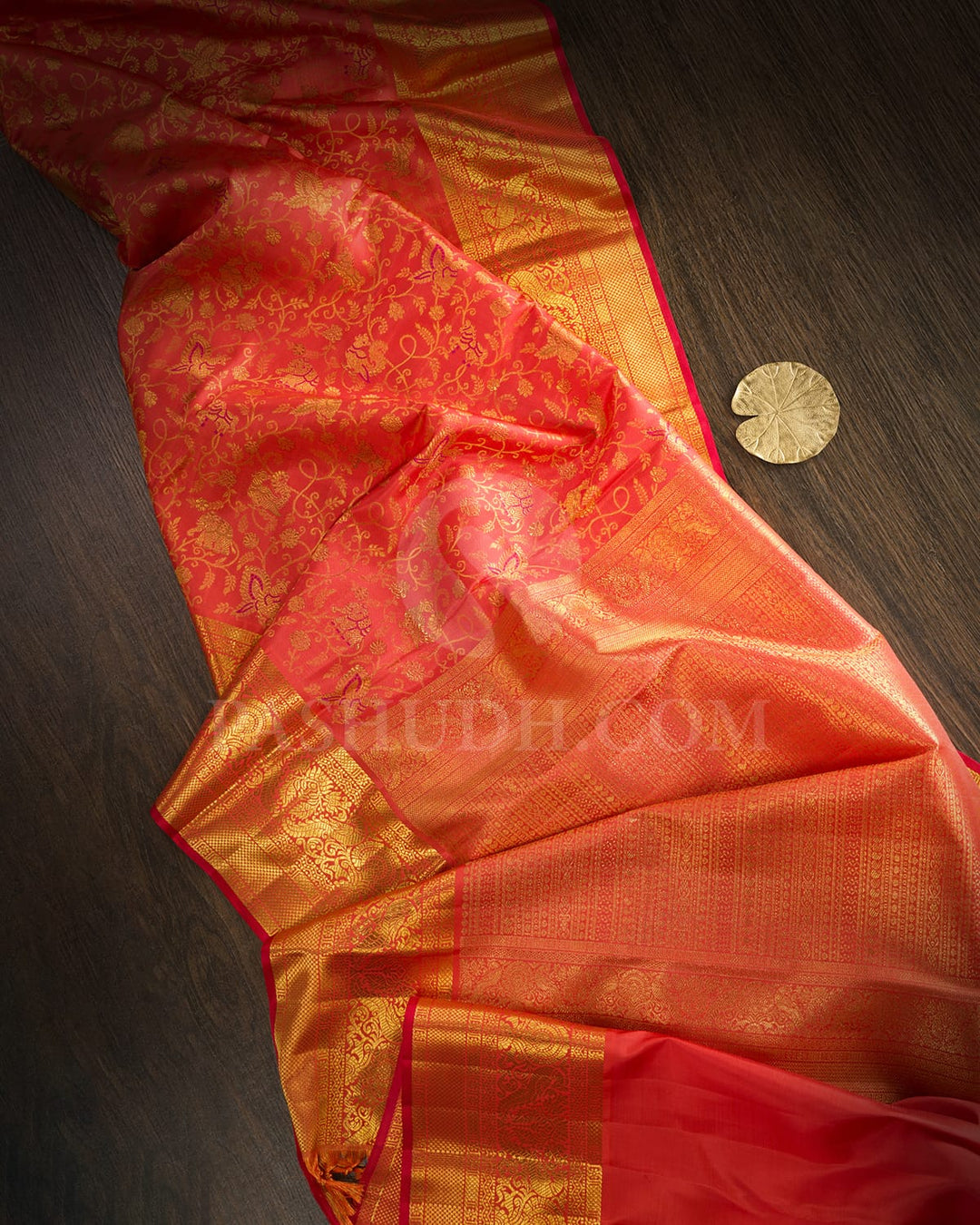 Bright Coral Orange With Coral Red Kanjivaram Silk Saree-S1729(A)