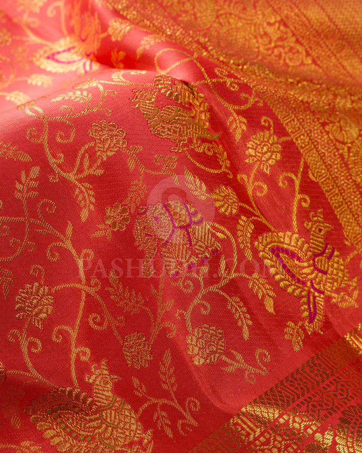 Bright Coral Orange With Coral Red Kanjivaram Silk Saree-S1729(A)