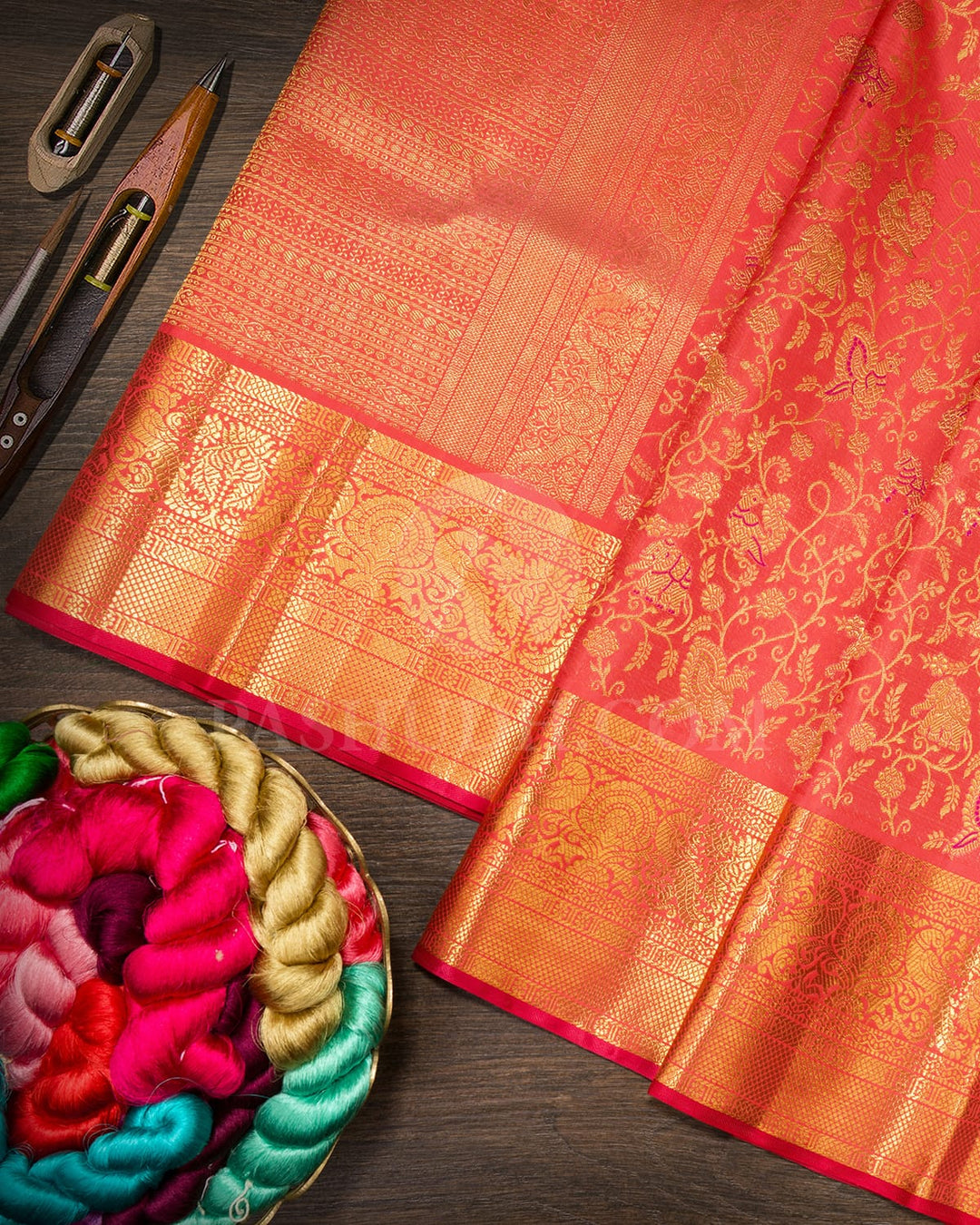Bright Coral Orange With Coral Red Kanjivaram Silk Saree-S1729(A)