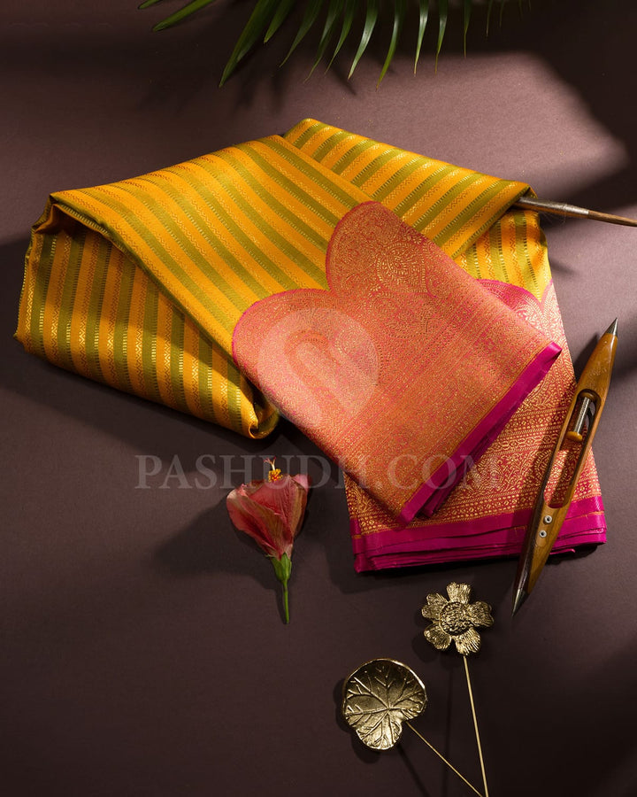 Mango Yellow With Peachy Pink Kanjivaram Silk Saree-S1517(G)