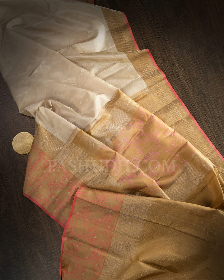 Cream With Khaki Kanjivaram Silk Saree-DJ420(C)
