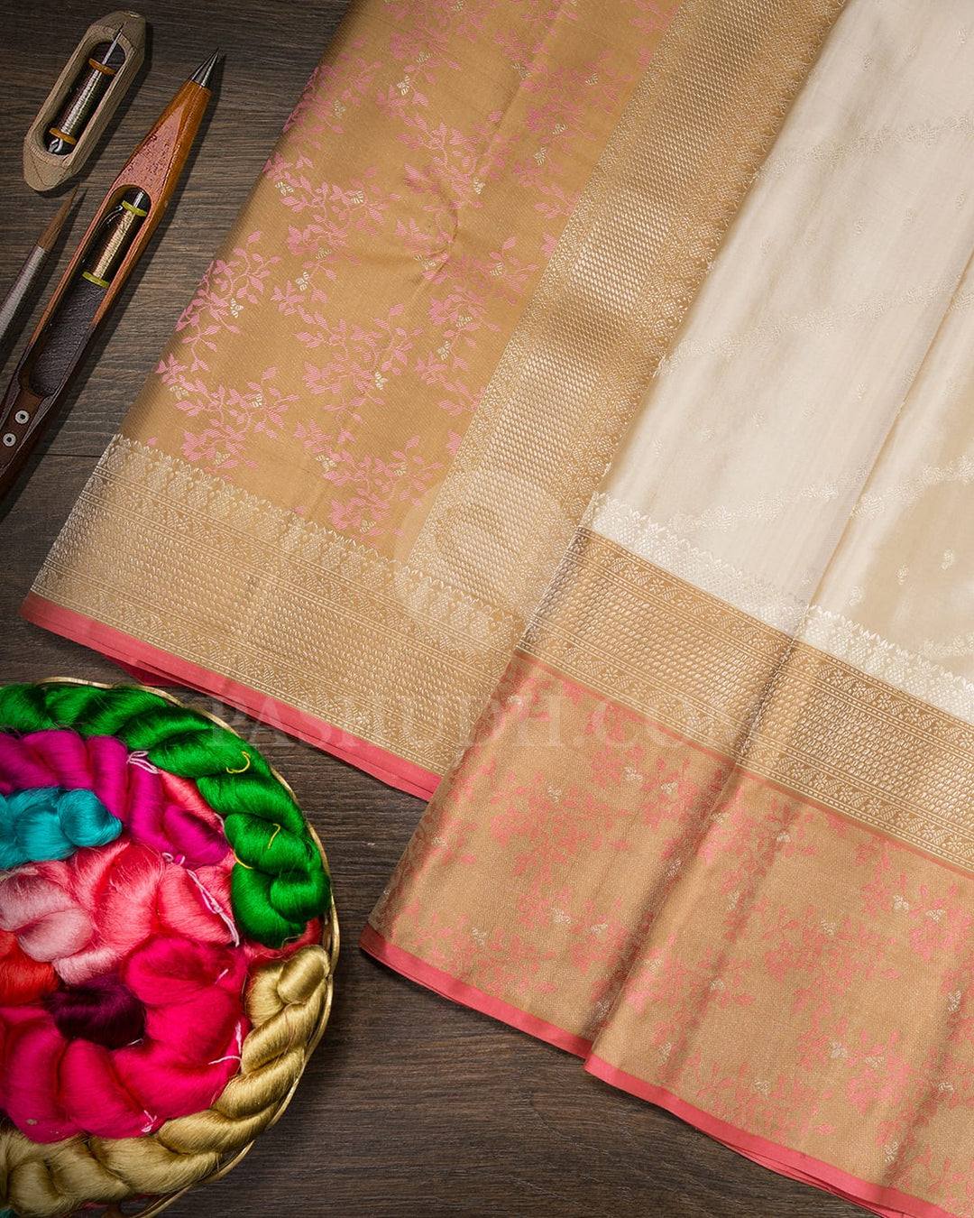 Cream With Khaki Kanjivaram Silk Saree-DJ420(C)
