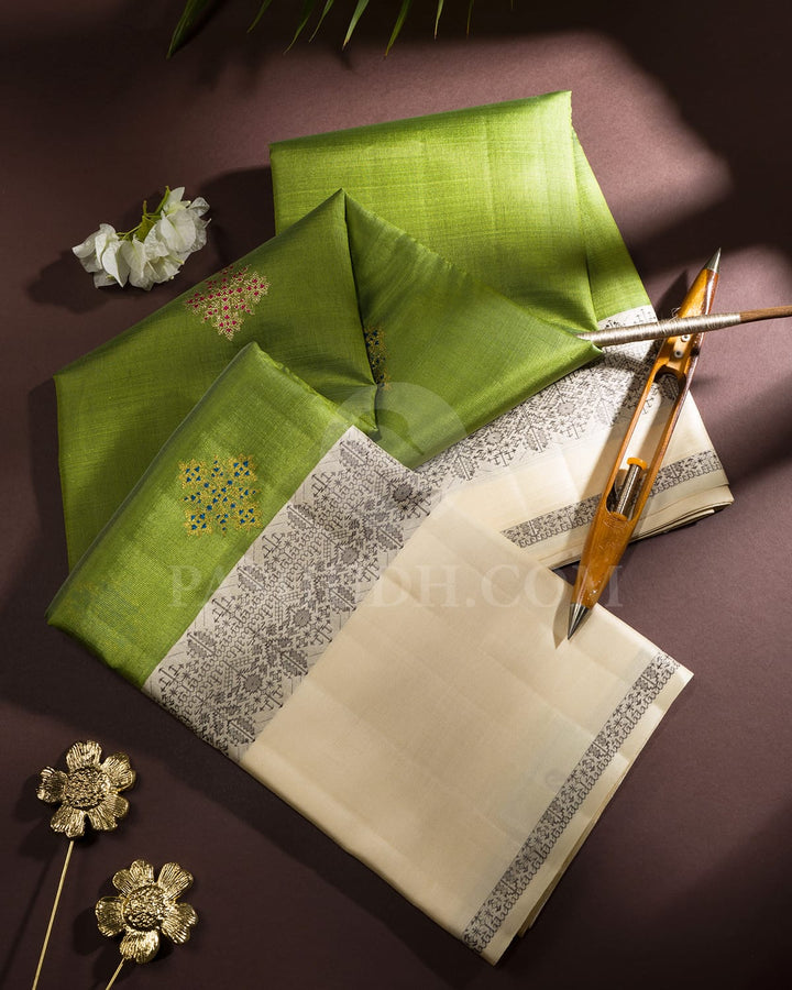 Olive Green With Ivory Semi Organza Kanjivaram Silk Saree-S1706(B)