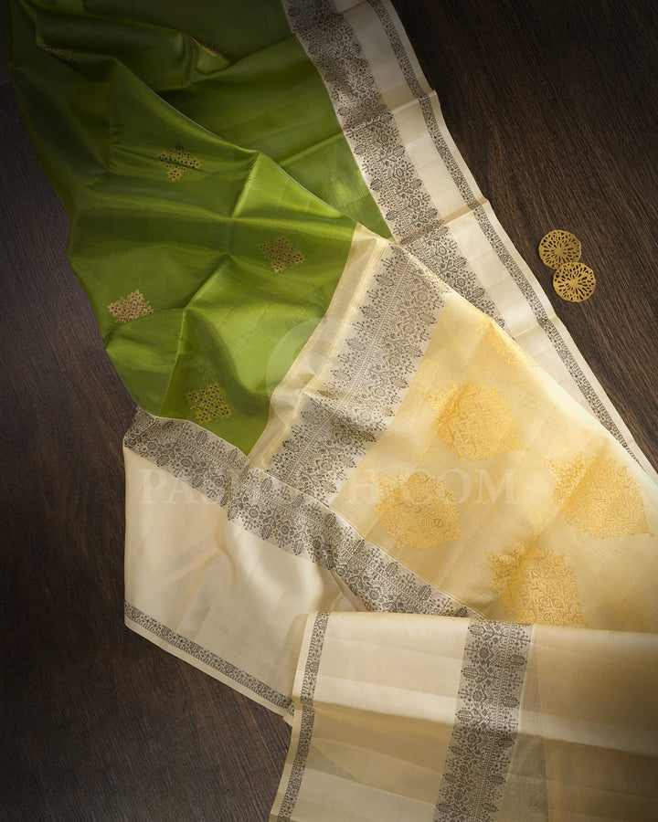 Olive Green With Ivory Semi Organza Kanjivaram Silk Saree-S1706(B)
